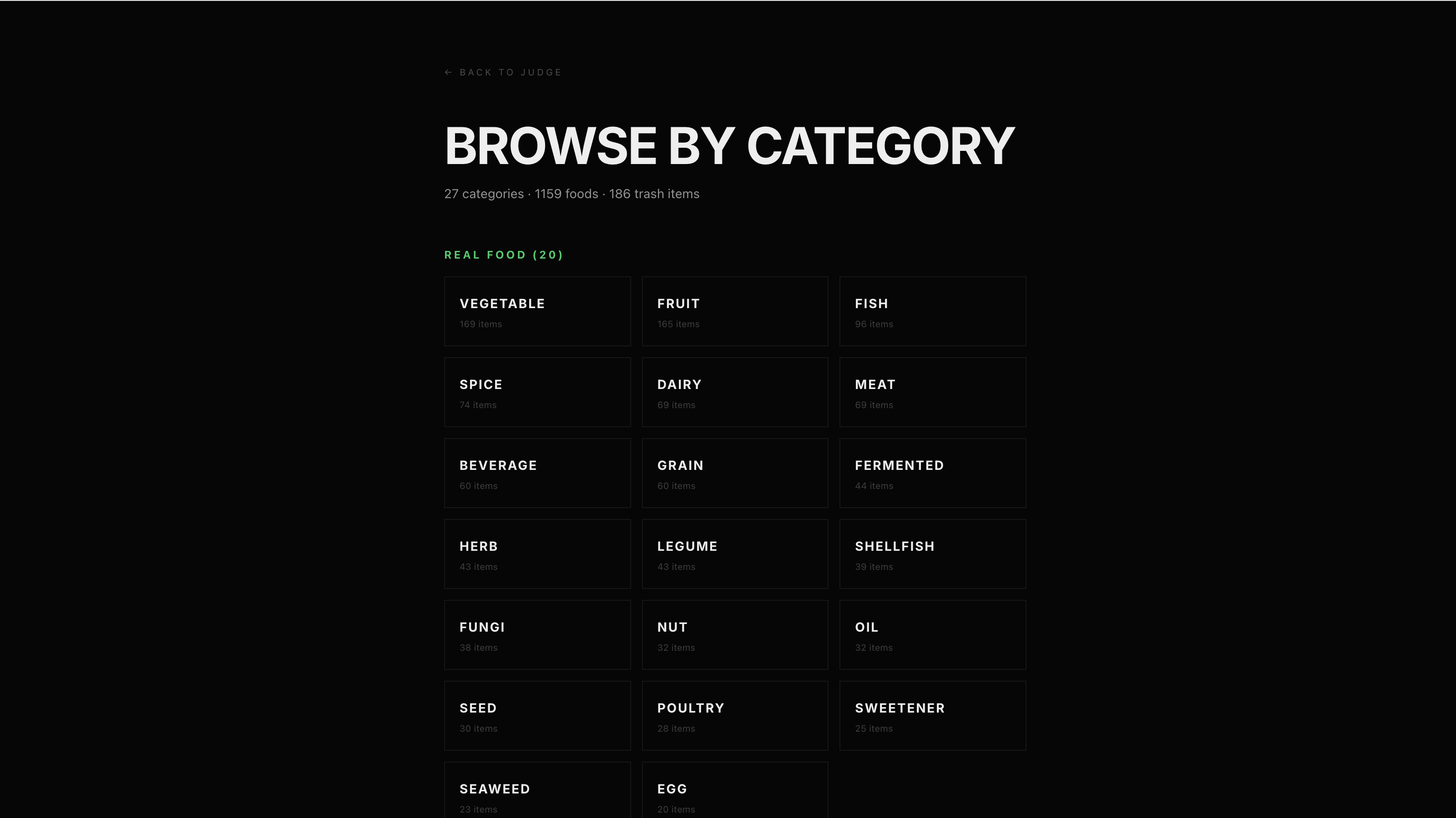 1,345 hand-classified items across 27 categories (1,159 real food and 186 trash) drive the deterministic tier before the AI layer ever runs.