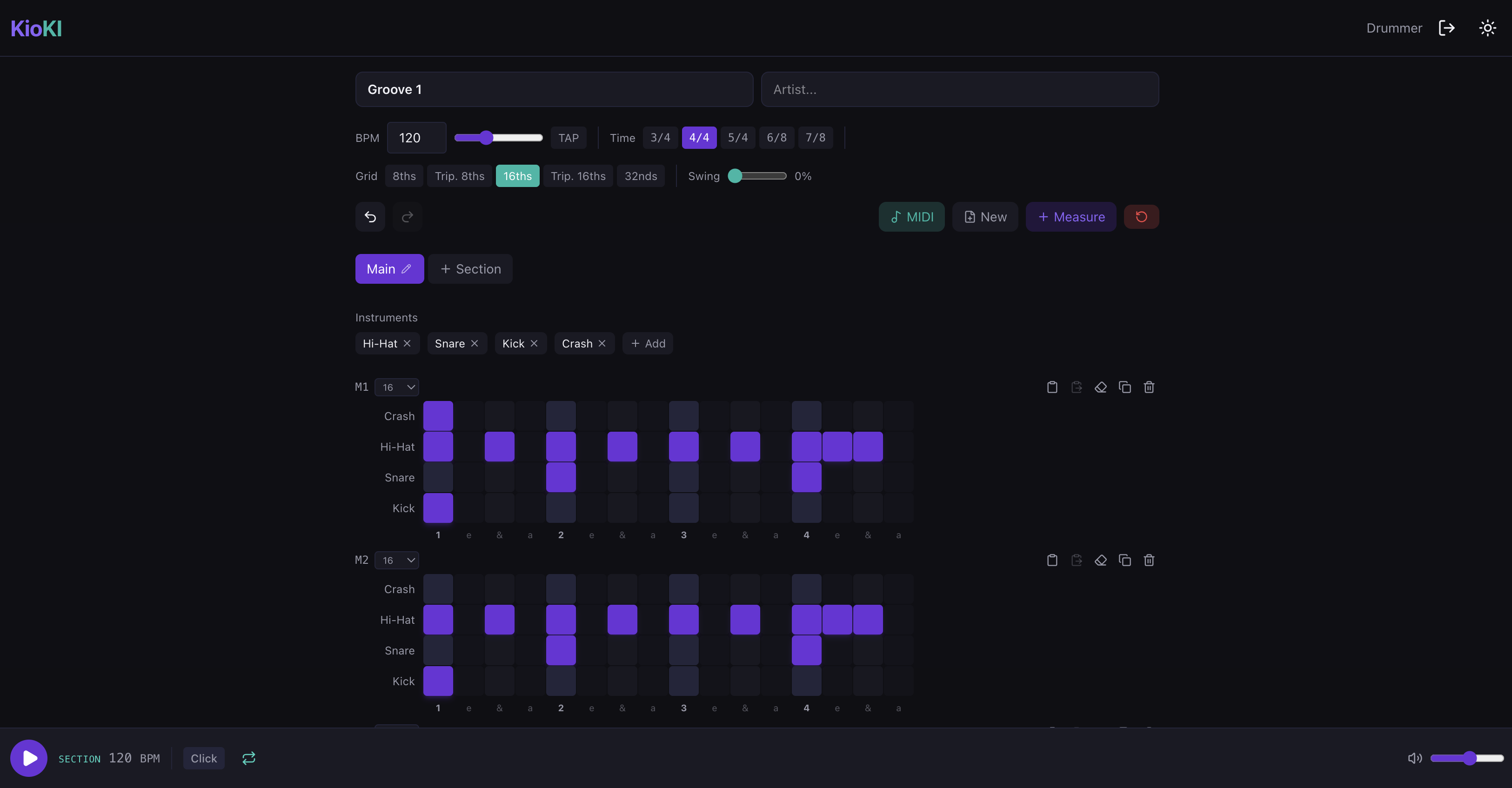 A step grid with per-instrument rows, swing, time signature, and velocity controls. AI transcriptions land here as a starting point — the user adds measures, tweaks hits, and plays back with real samples.