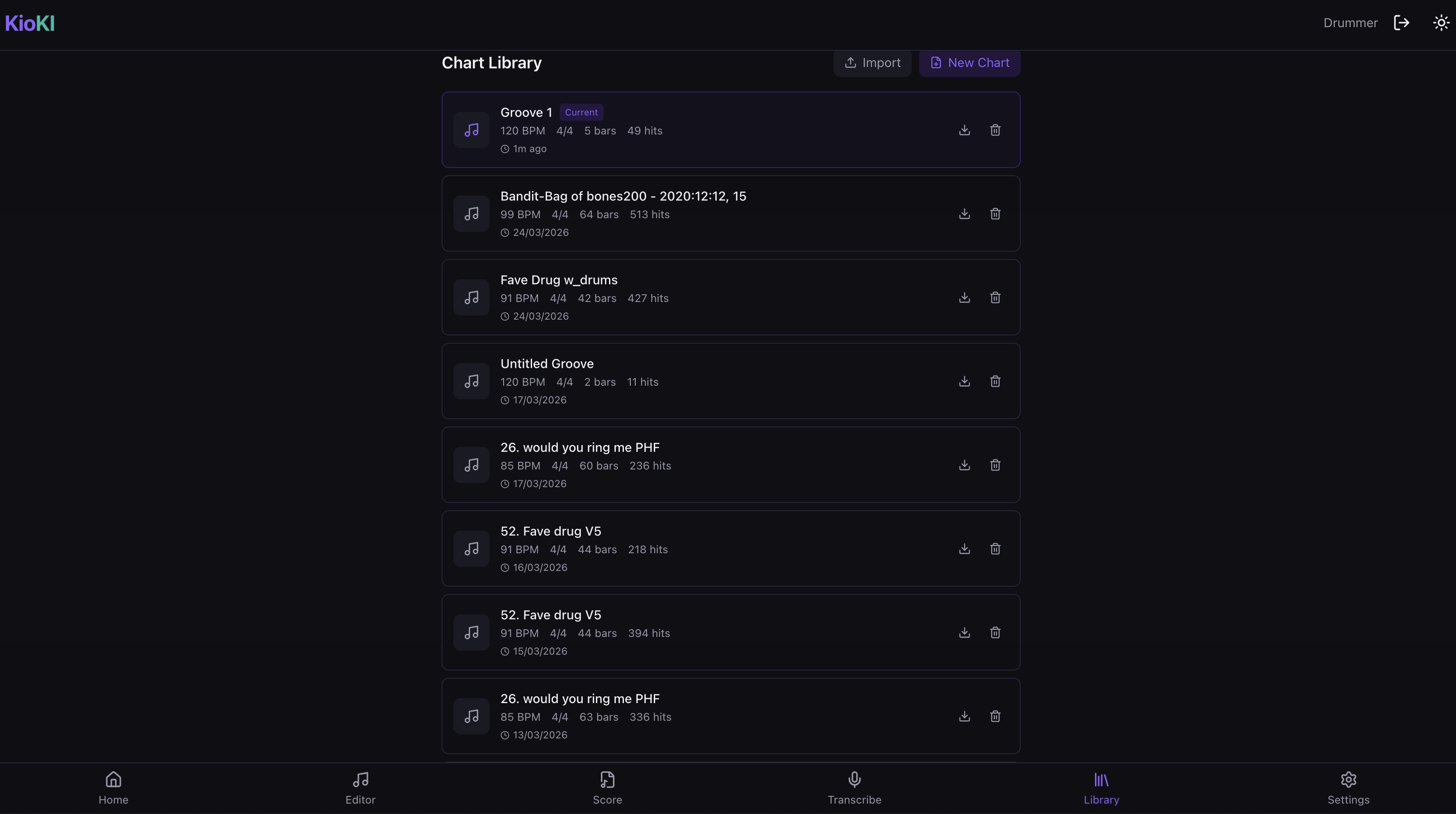 Every chart the user has transcribed or composed, tagged with BPM, bar count, and hit count. Import and export via .kioki JSON keep charts portable between projects.
