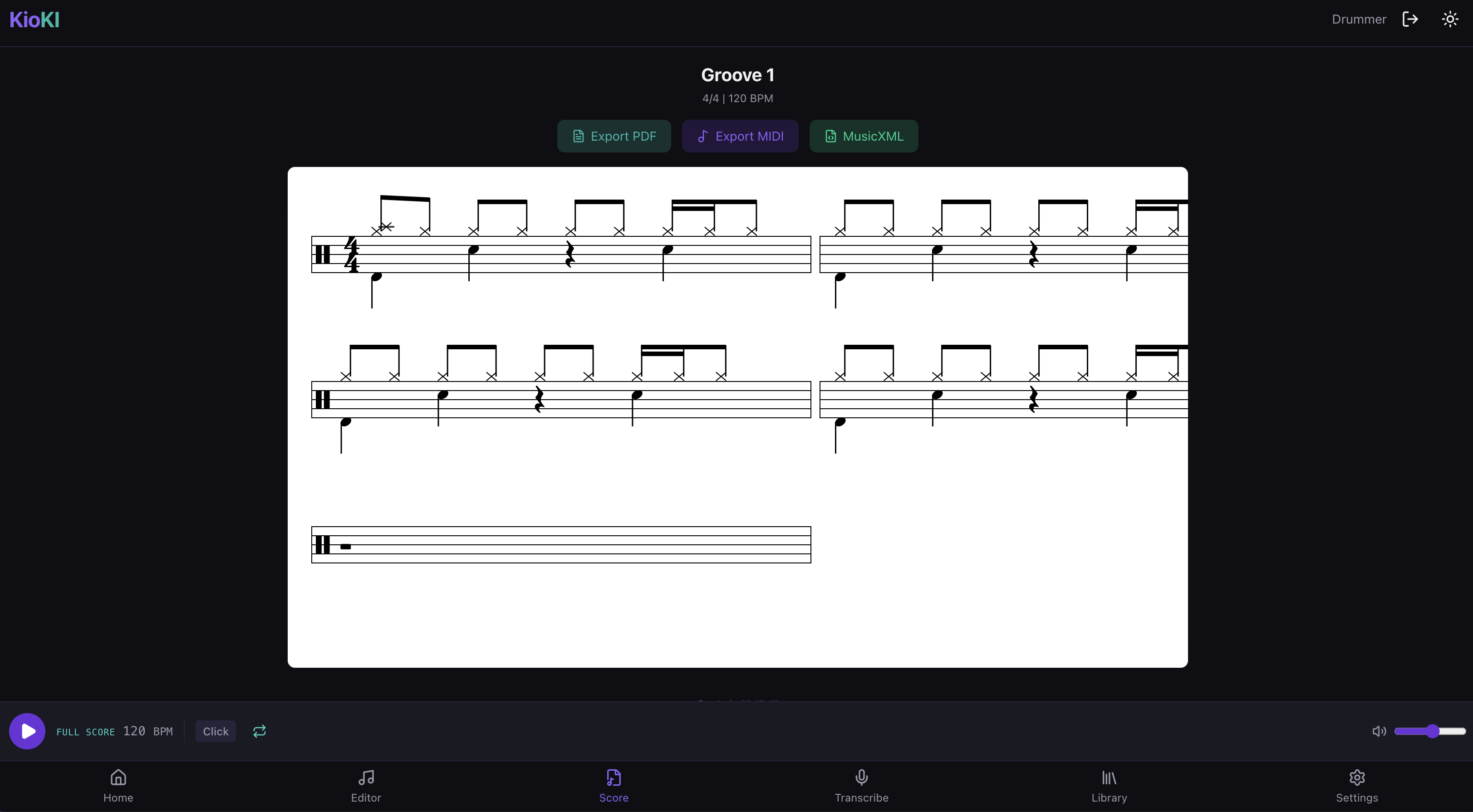 Rendered drum notation with export to PDF (via jsPDF + VexFlow), General MIDI drum map, and MusicXML 4.0. The editor is for composing; the score view is for handing a chart to anyone else in the chain — producer, drummer, teacher.