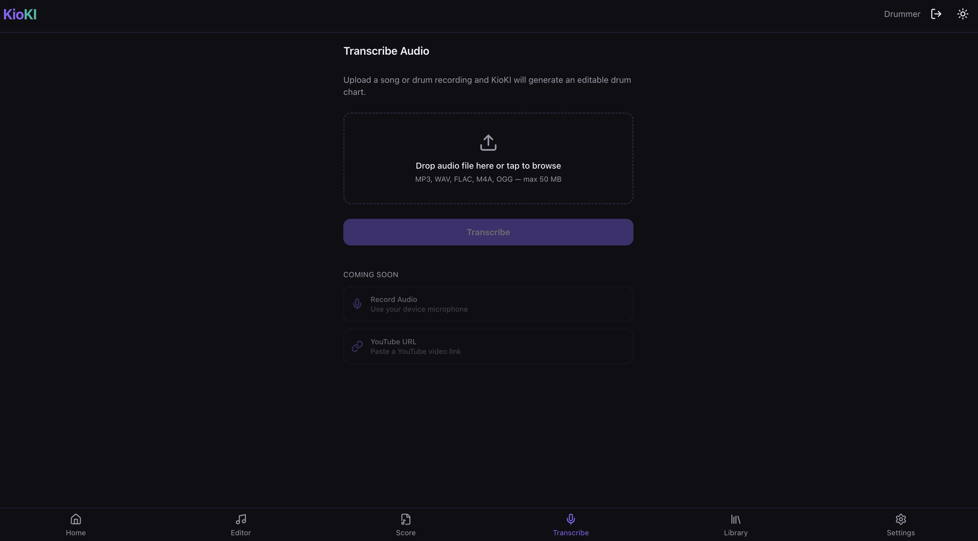 Upload an audio file and the server-side pipeline runs onset detection, drum-voice classification, and quantisation. The output opens directly in the editor, ready to edit.