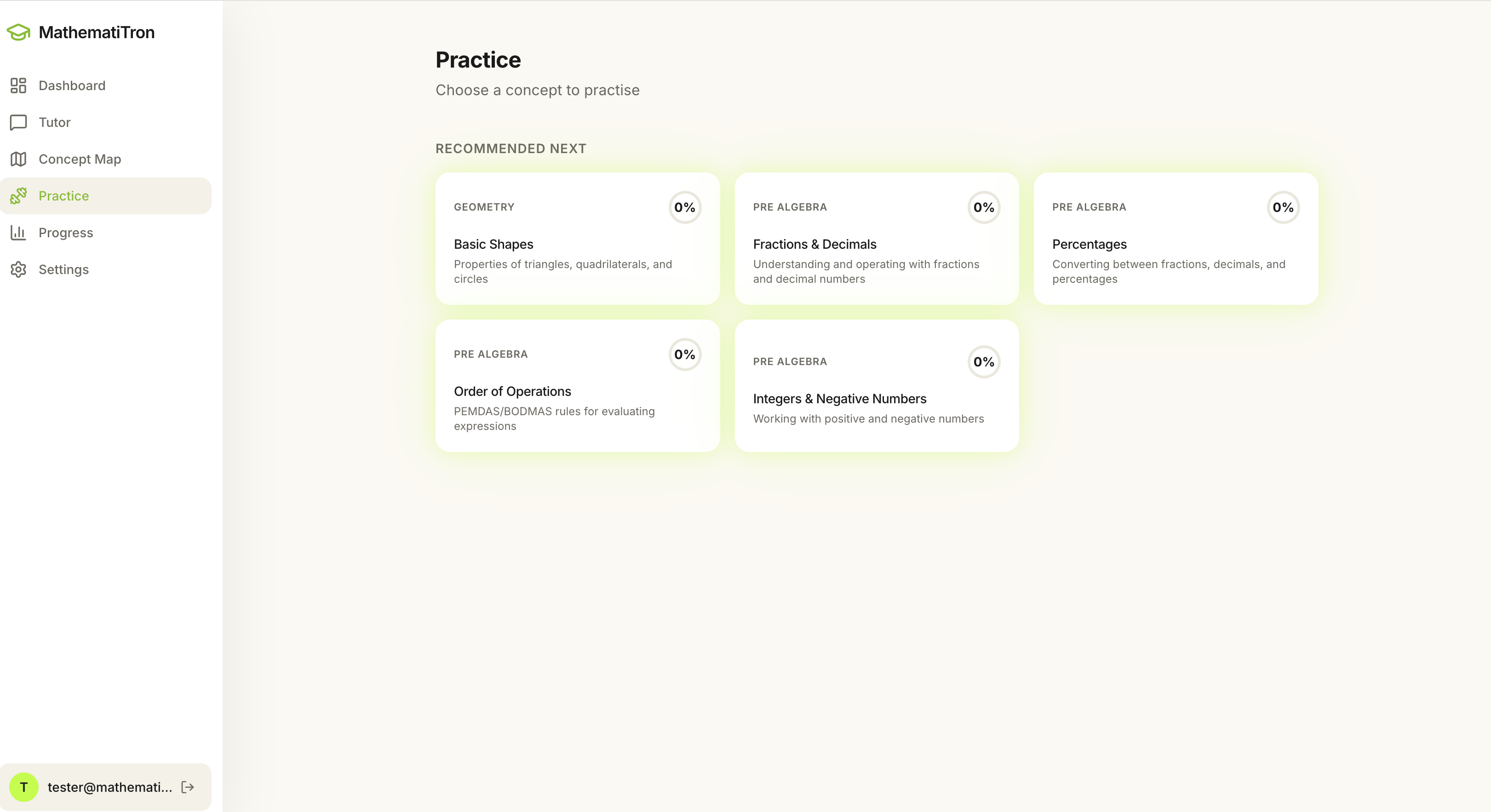 Problems render in KaTeX; three-level progressive hints surface on request; at session end a summary panel shows the mastery delta against the student's target concept.