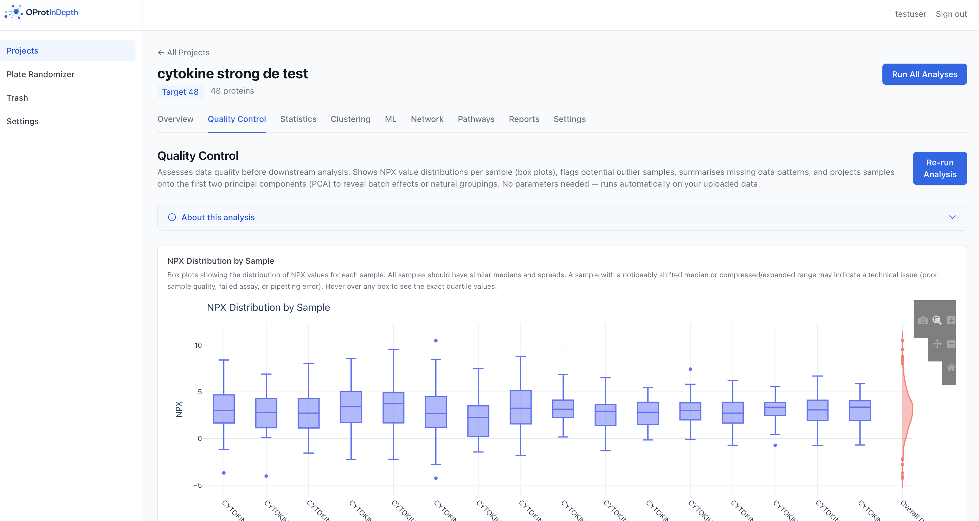 Quality-control step: NPX distributions per sample, outlier flags, and missing-data summaries. Runs on upload, no tuning required.