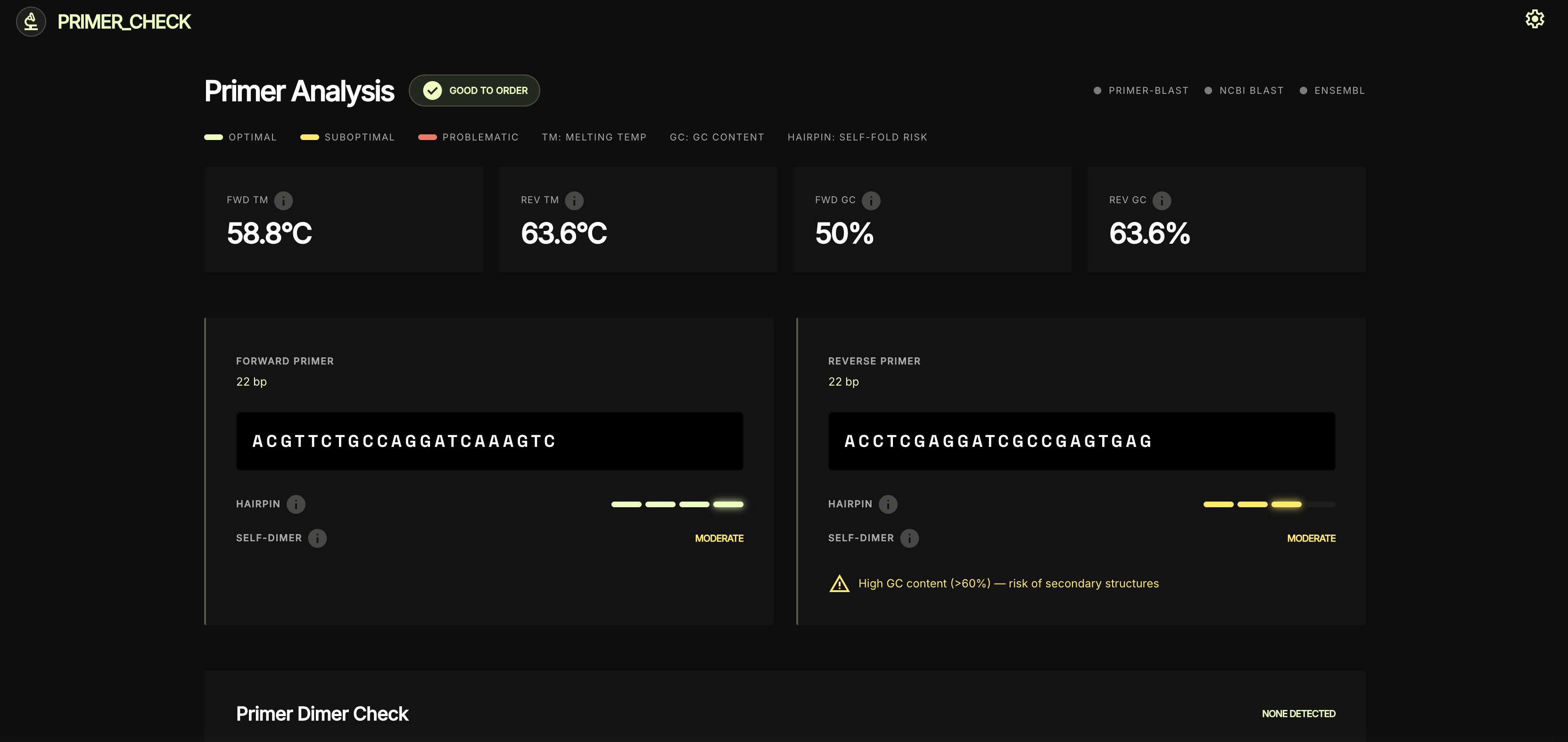 Tm, GC, hairpin risk, and self-dimer severity assessed for each primer, with a traffic-light verdict at the top of the report.