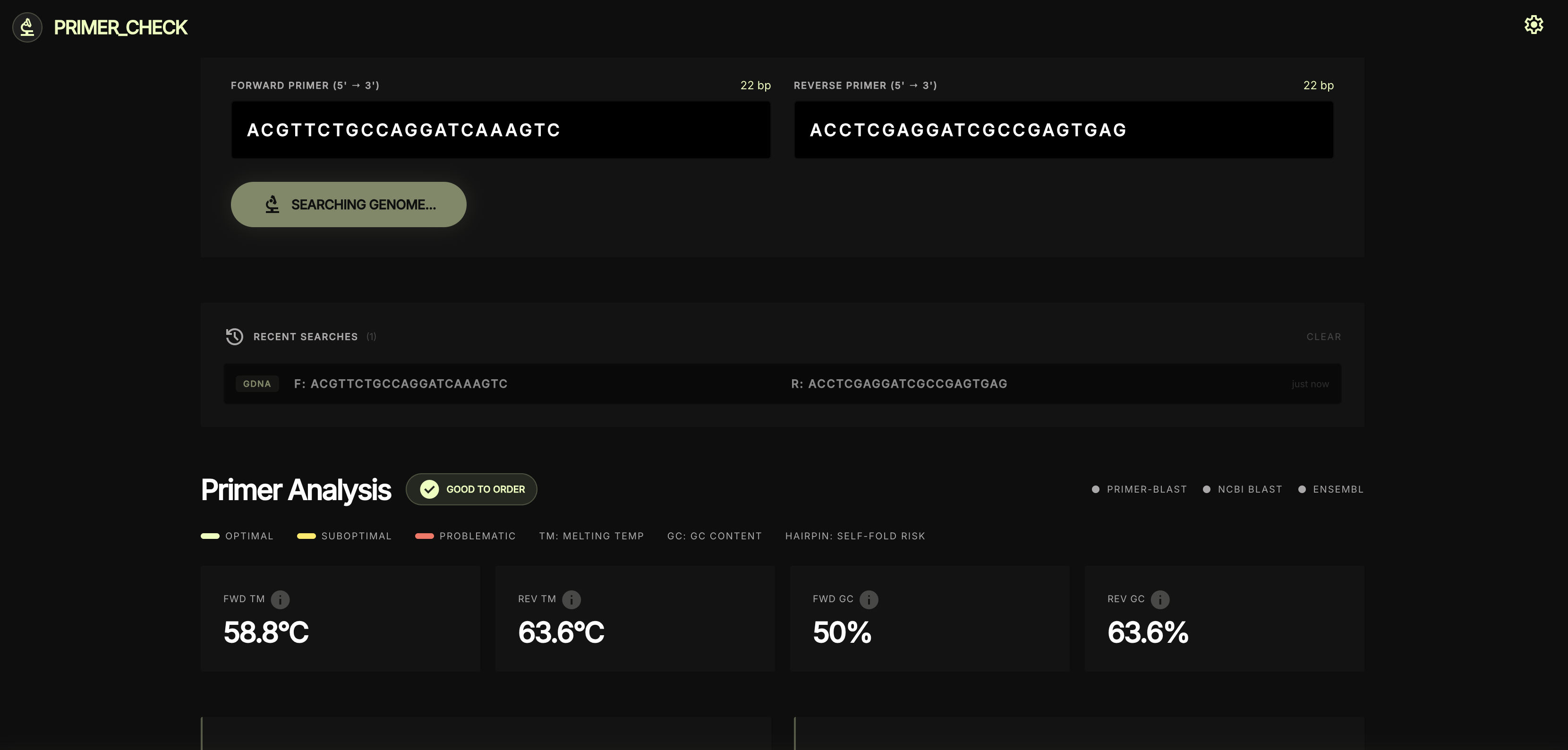On submit, specificity searches fan out across the three configured genomic sources; a recent-searches panel keeps prior queries one click away.